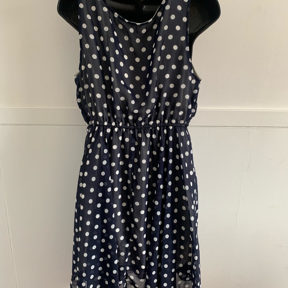 Vintage Inspired-Kismet Navy and White Polka Dot Sleeveless Midi Dress - Picture 4 of 11